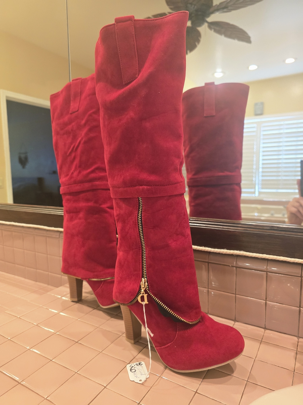 Source Unknown Red Suede Knee-High Zip Heeled Boots
